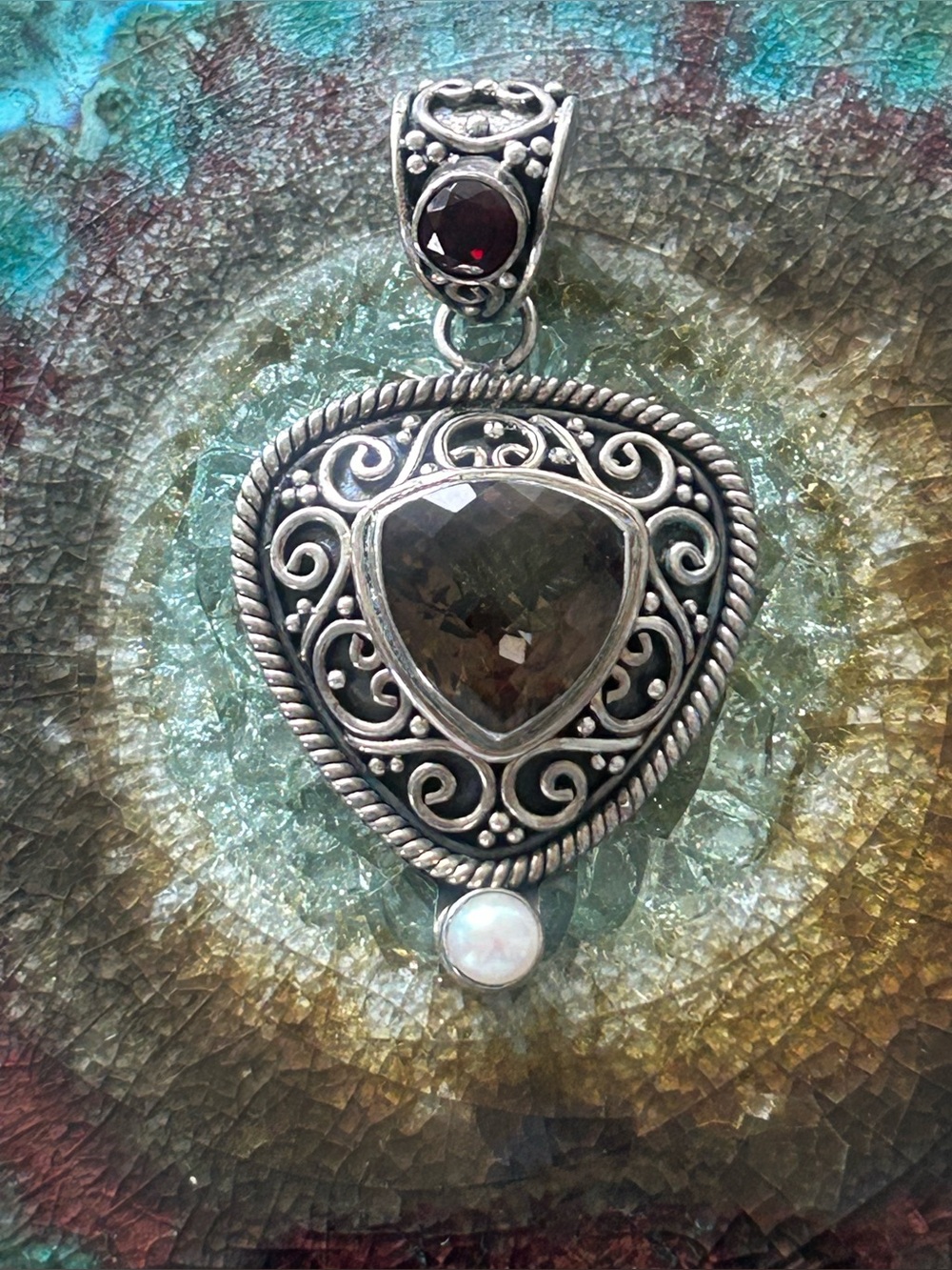Vintage Suarti Sterling Smoky Topaz & Pearl Pendant